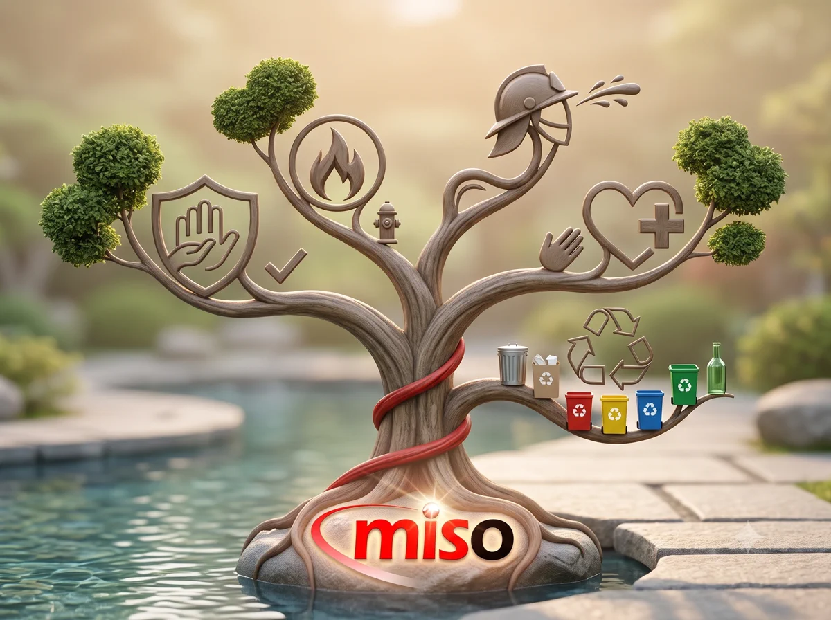 Ilustrație MISO — arbore cu serviciile companiei: securitate și sănătate în muncă, situații de urgență (PSI), prim ajutor și managementul deșeurilor