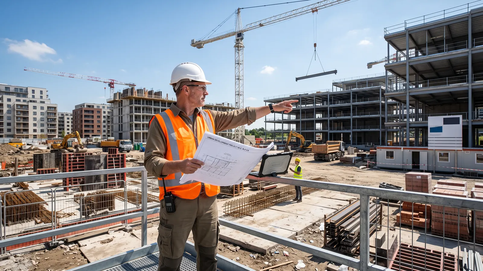 Coordonator SSM cu cască și vestă reflectorizantă pe un șantier de construcții
