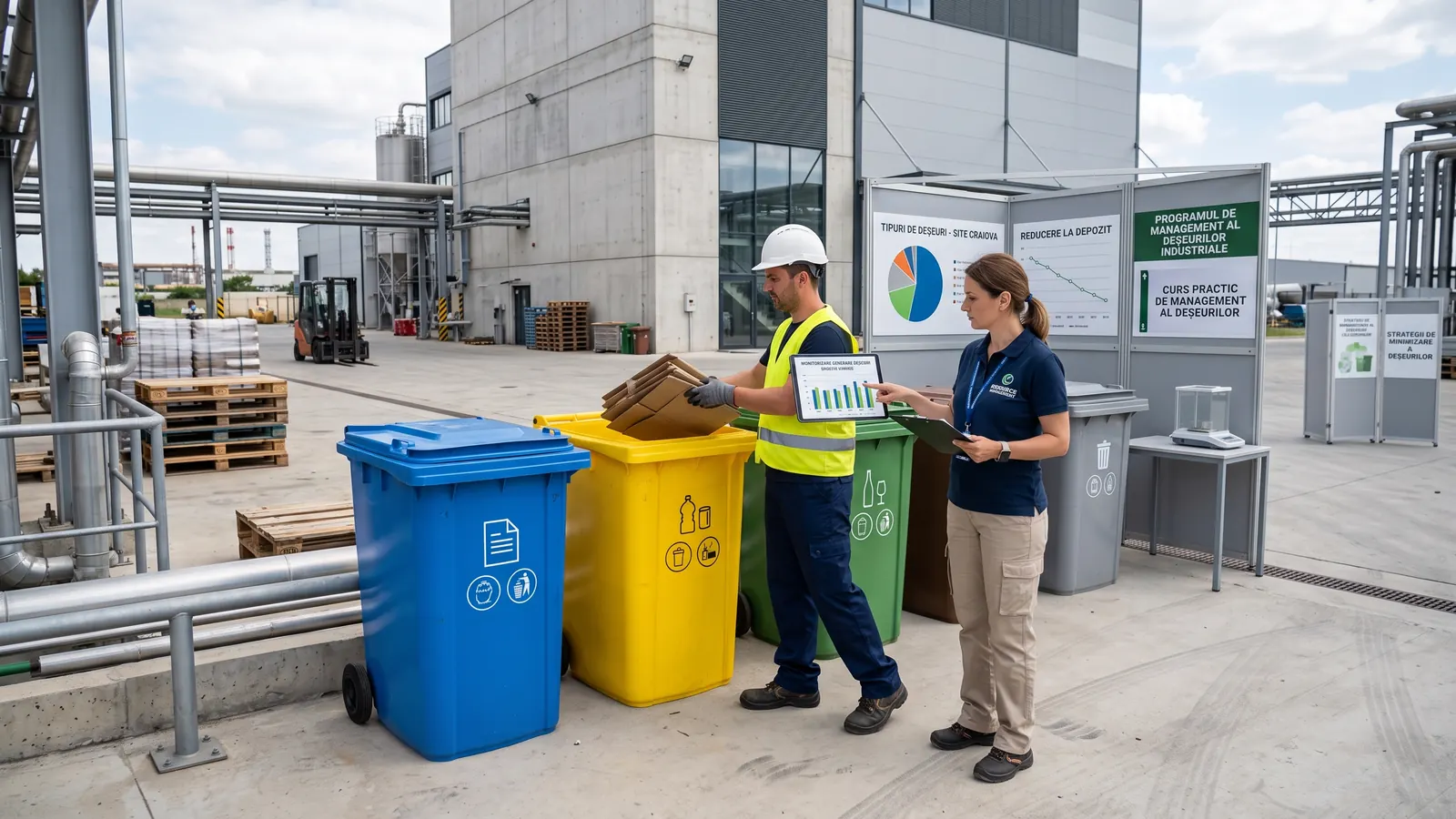 Containere de colectare selectivă a deșeurilor într-o curte de fabrică