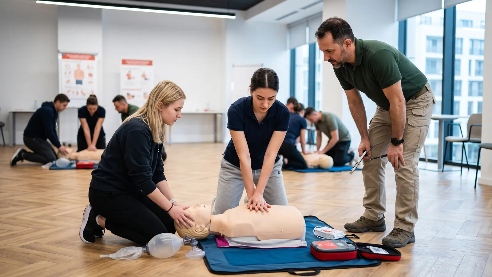 Exercițiu de resuscitare pe manechin la cursul de prim ajutor