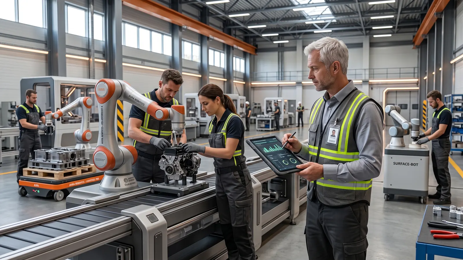 Evaluator SSM care notează pe o tabletă lângă un utilaj industrial